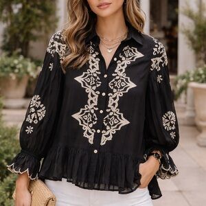 John Mark | Boho Luxe Romantic Goth Dark Academia Embroidered Pleated Blouse - S